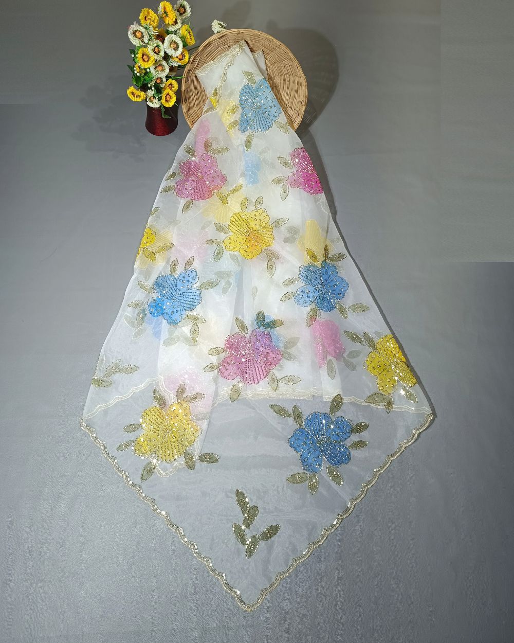 Premium Pure Soft Organza Work Dupatta White Colour 39 Inches Width