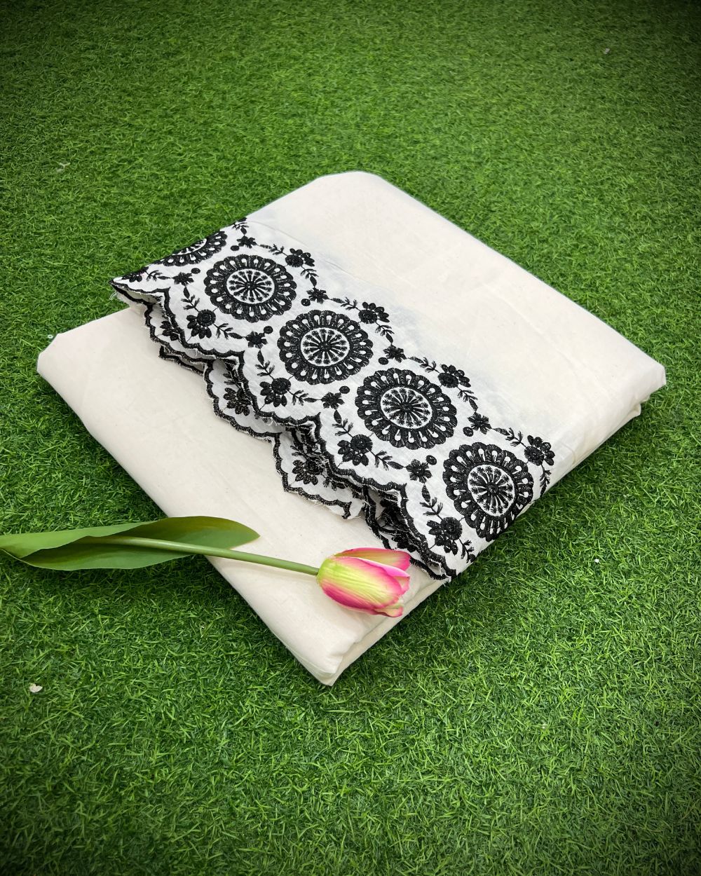 Kora Cotton with Cut Work Border Black Colour 42 Inches Width