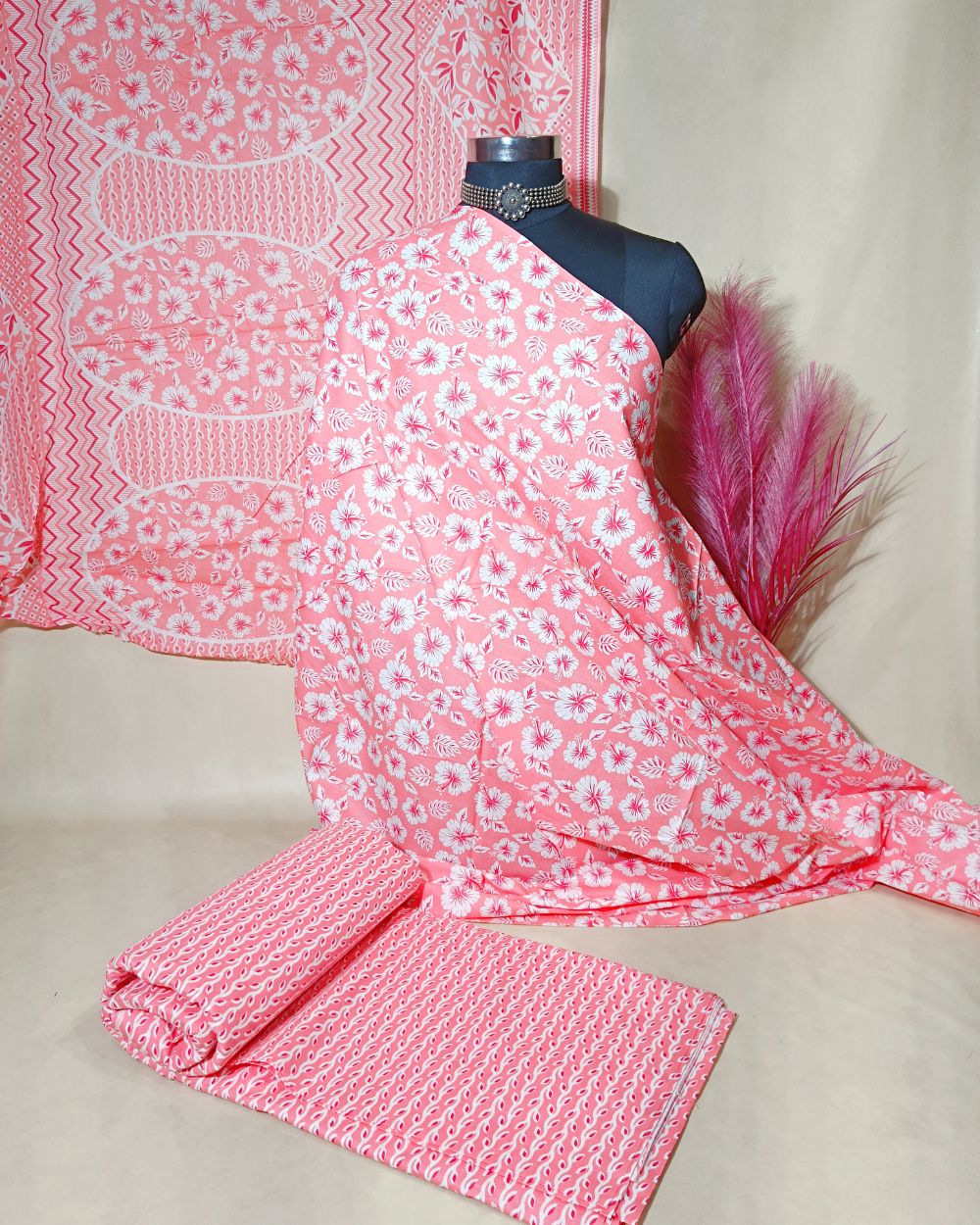 Printed Cotton Unstitched Top-Bottom Set with Dupatta Peach Colour 44 Inches Width