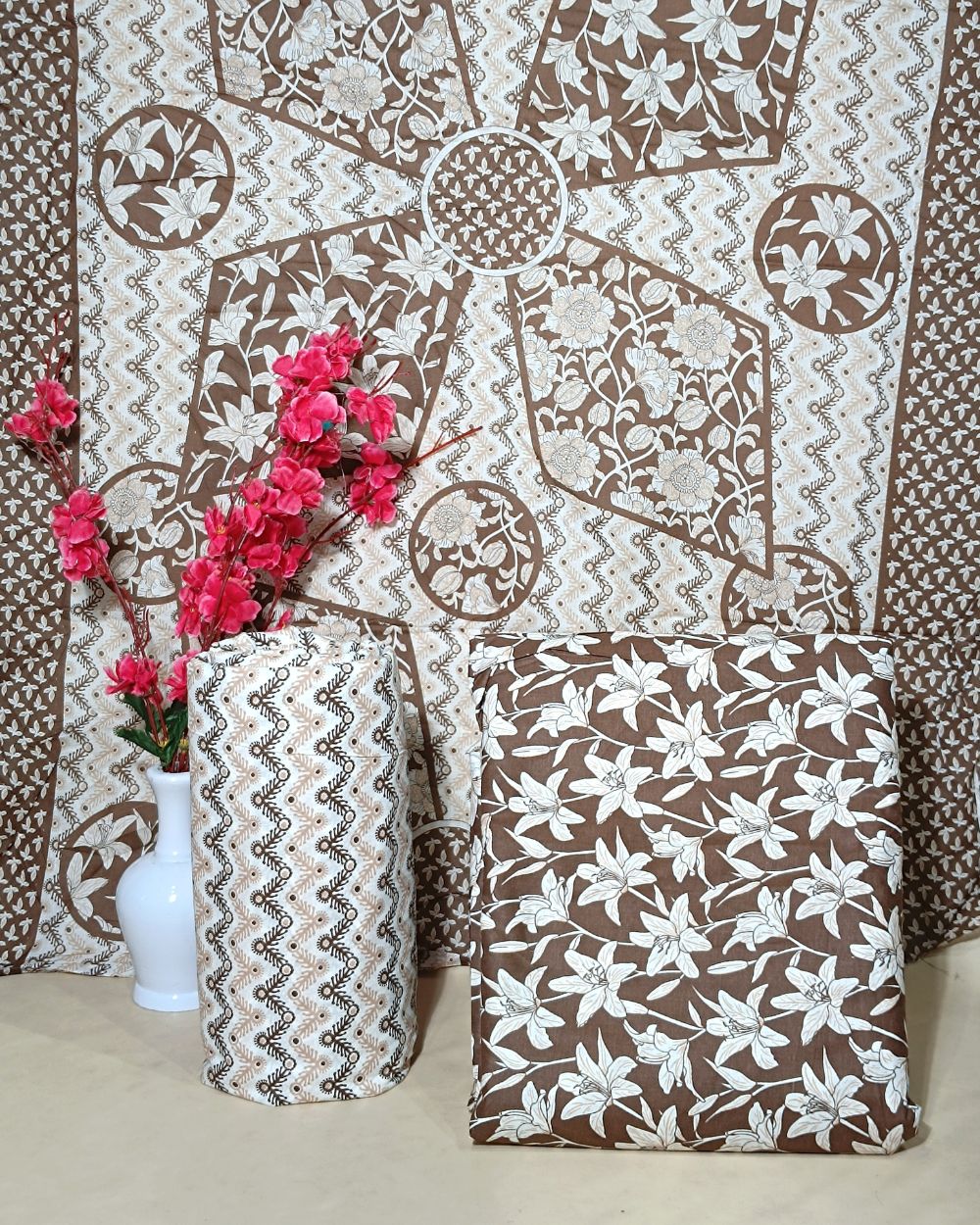 Printed Cotton Unstitched Top-Bottom Set with Dupatta Coffee Colour 44 Inches Width