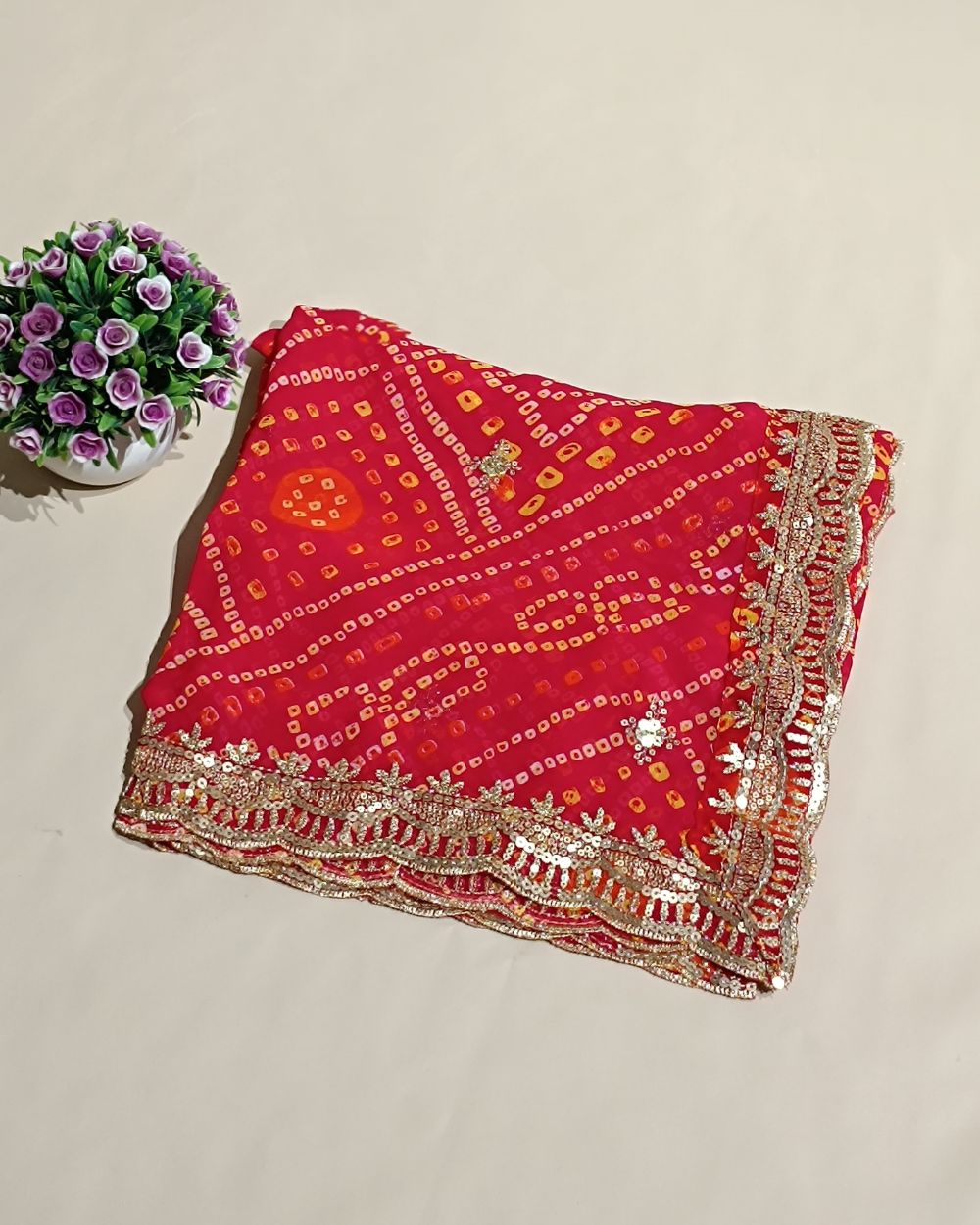 Georgette Bandhani Dupatta with Cut Work Border Pinkish Red Colour 37 Inches Width