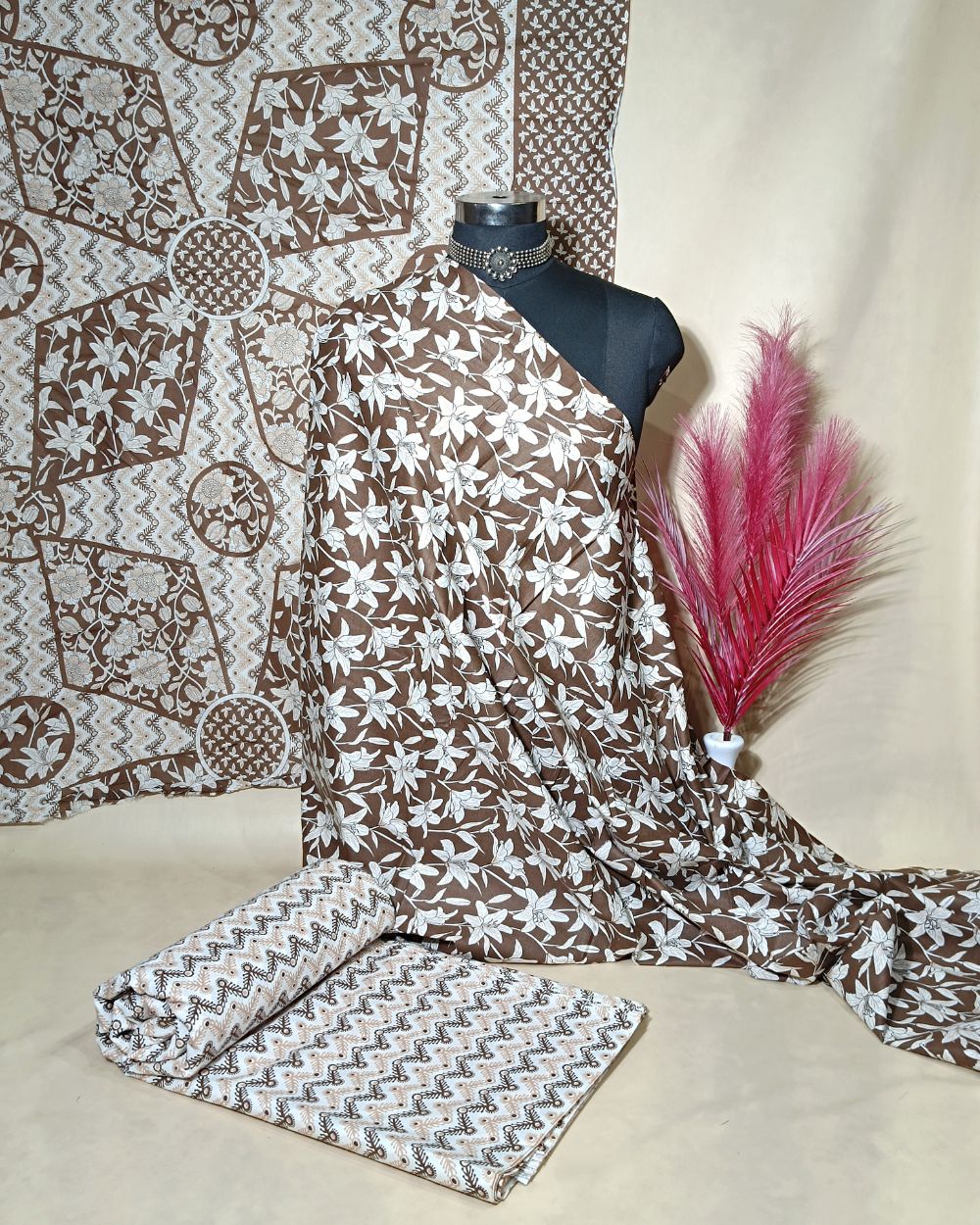 Printed Cotton Unstitched Top-Bottom Set with Dupatta Coffee Colour 44 Inches Width
