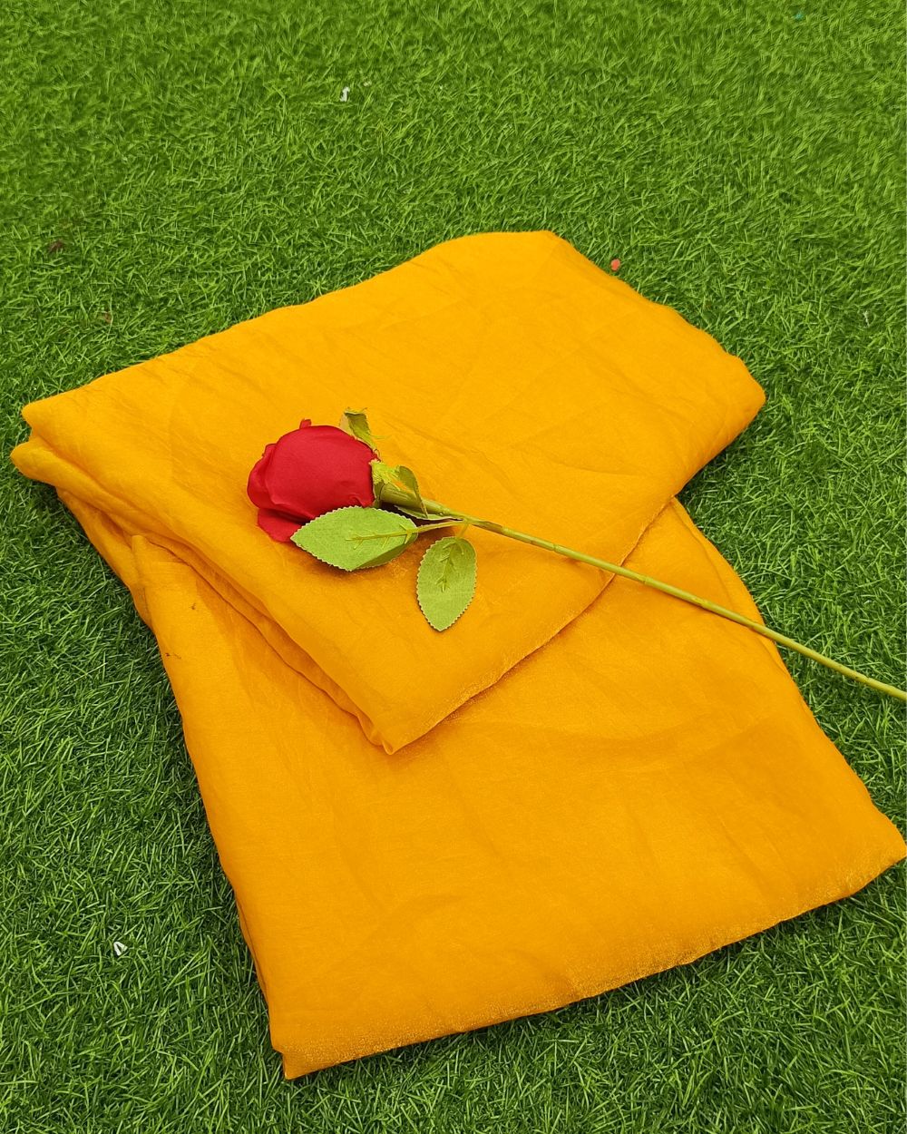 Plain Pure Space Satin Silk Saree Without Blouse Yellow Colour 48 Inches Width