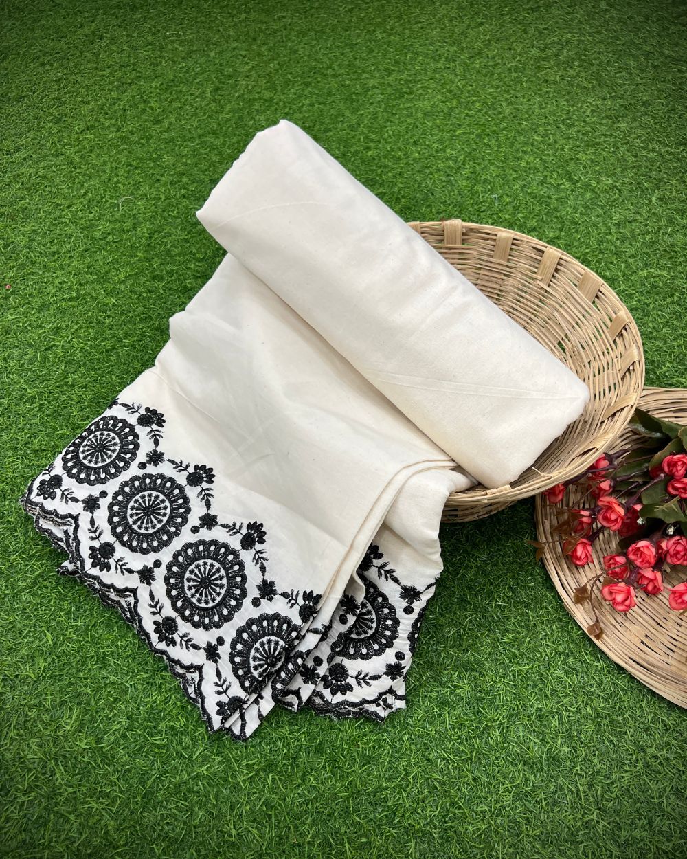 Kora Cotton with Cut Work Border Black Colour 42 Inches Width