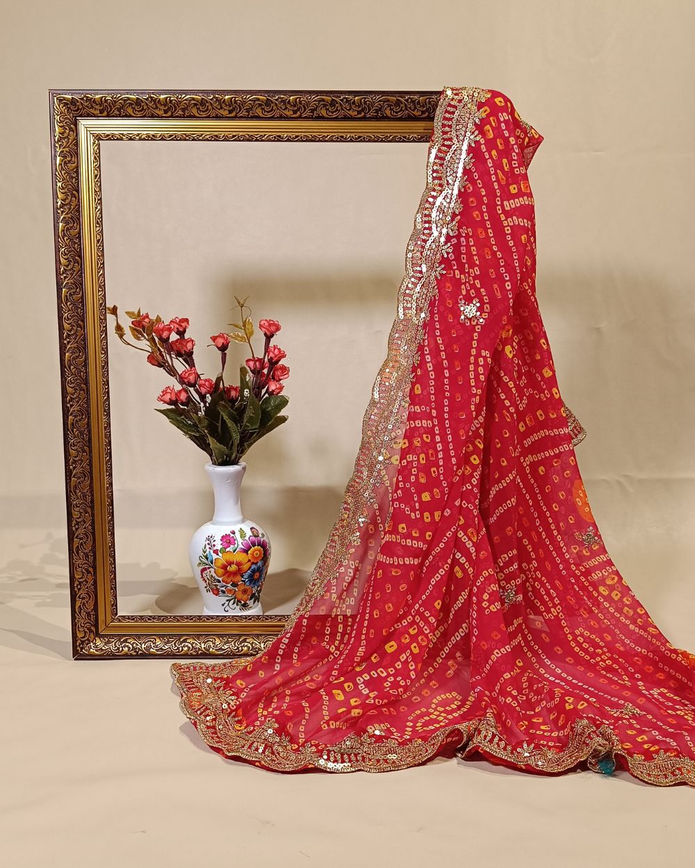 Georgette Bandhani Dupatta with Cut Work Border Pinkish Red Colour 37 Inches Width