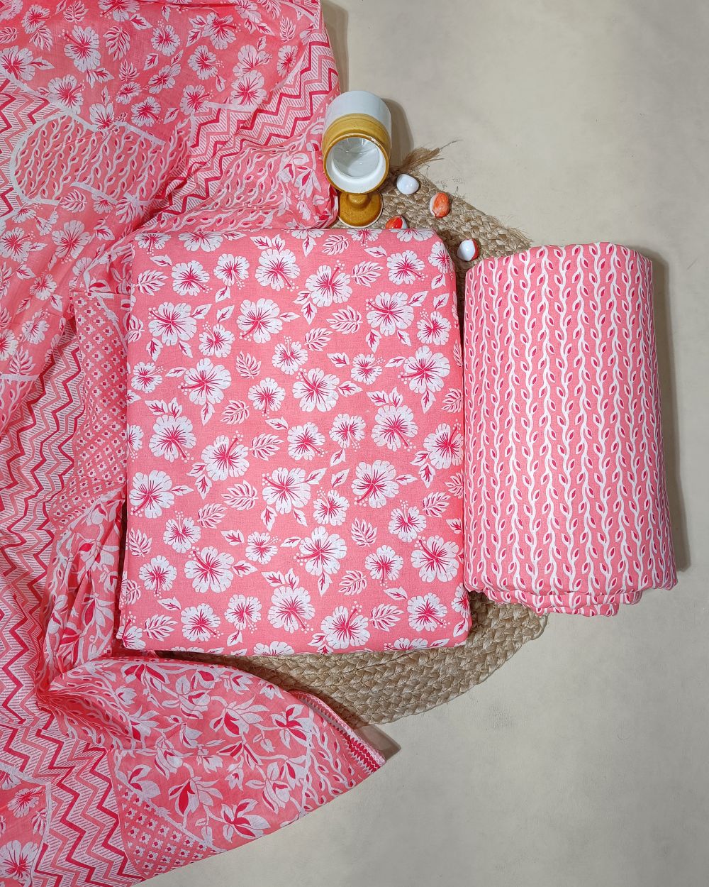 Printed Cotton Unstitched Top-Bottom Set with Dupatta Peach Colour 44 Inches Width