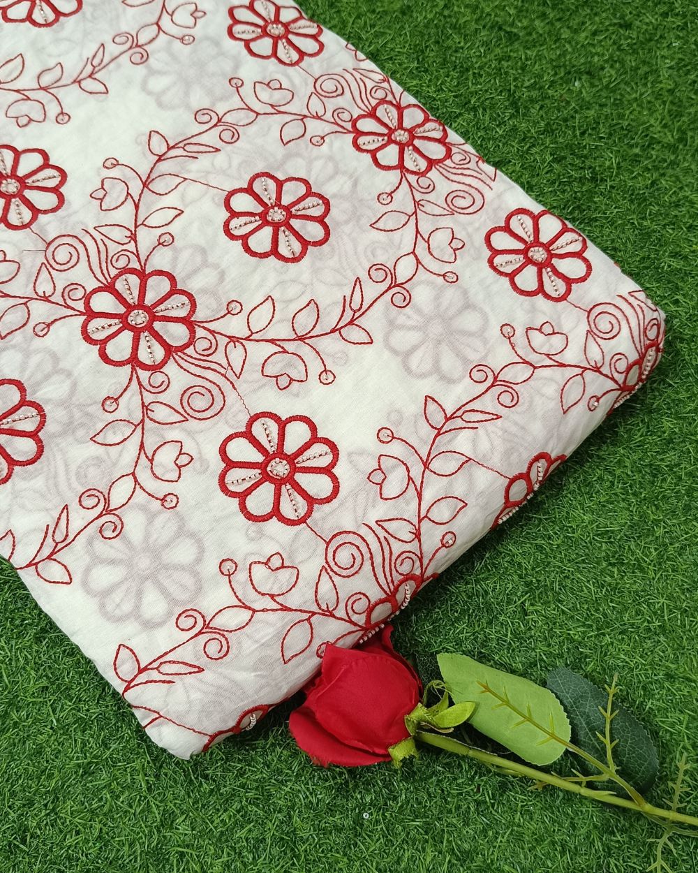 Kora Cotton Moti Work Red Colour 45 Inches Width