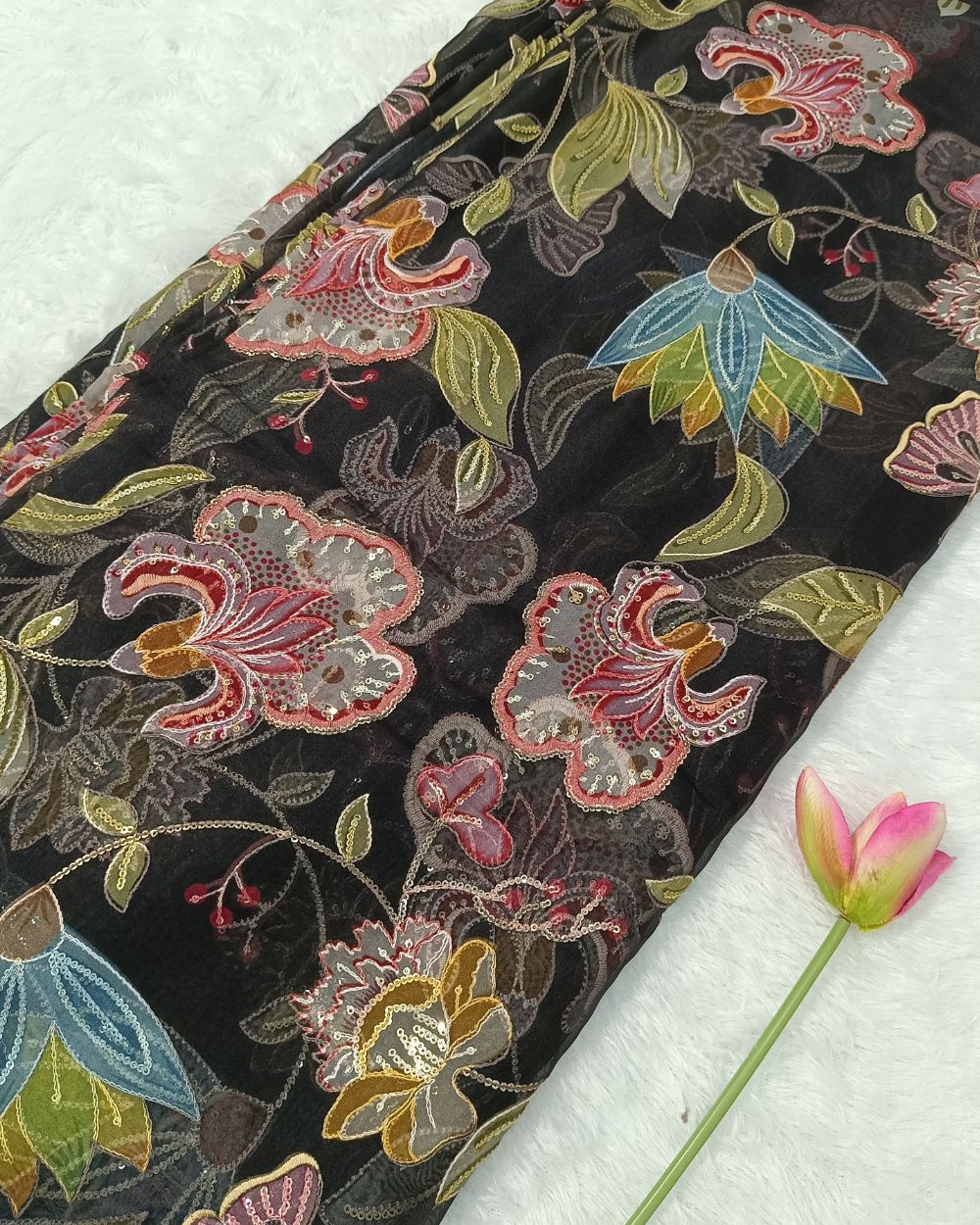 Pure Soft Organza Work Black Colour 44 Inches Width