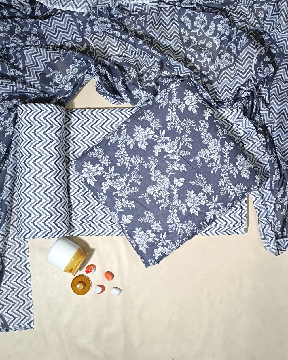 Printed Cotton Unstitched Top-Bottom Set with Dupatta Grey Colour 44 Inches Width