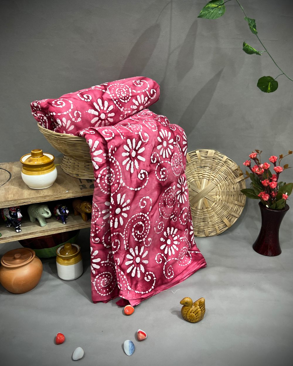 Cotton Hand Blocked Wax Batik Print Blush Pink Colour 44 Inches Width