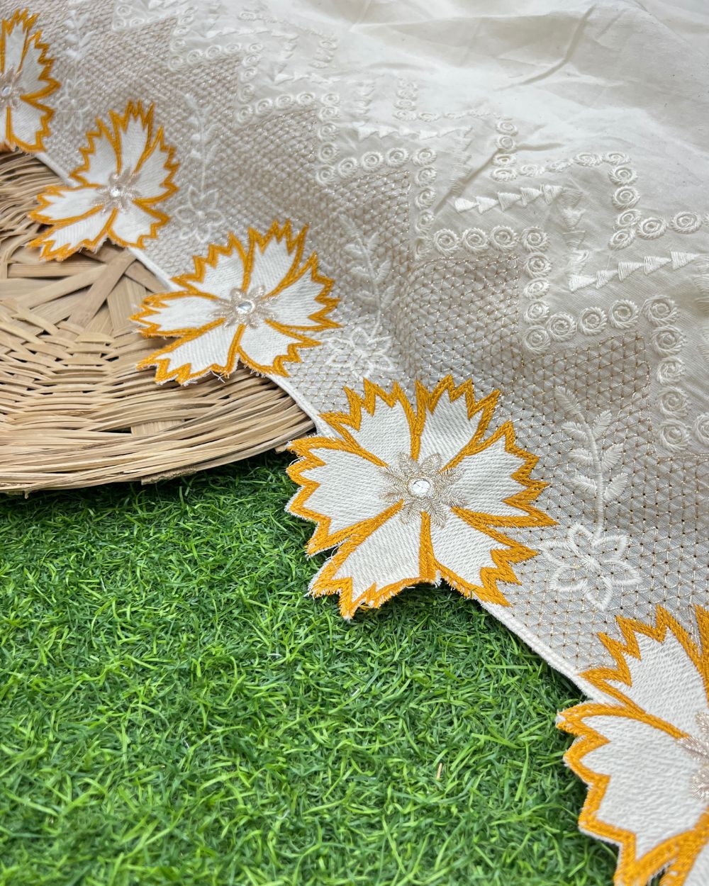 Kora Cotton with Cut Work Border Mango Yellow Colour 42 Inches Width