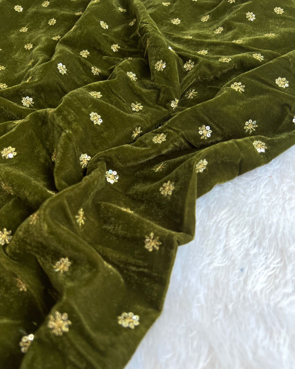 Premium Velvet Butti Work Mehandi Green Colour 44 Inches Width