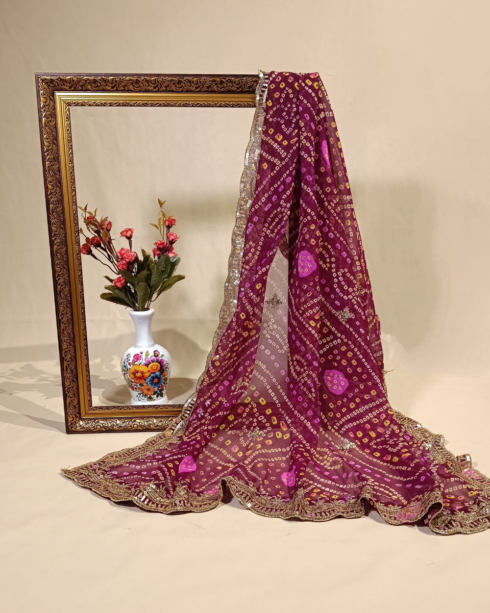 Georgette Bandhani Dupatta with Cut Work Border Wine Colour 37 Inches Width