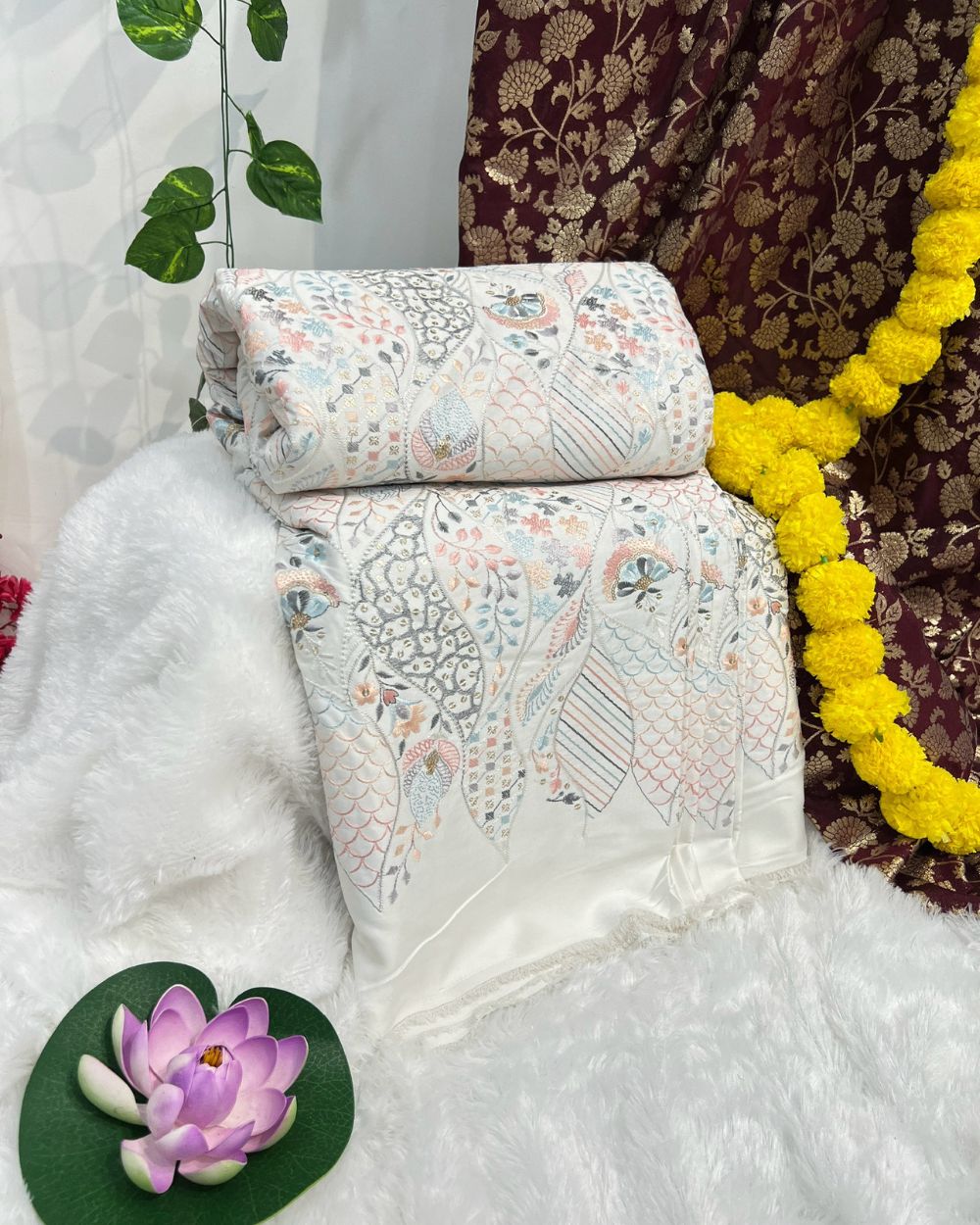 Malai Silk Work White Colour 42 Inches Width