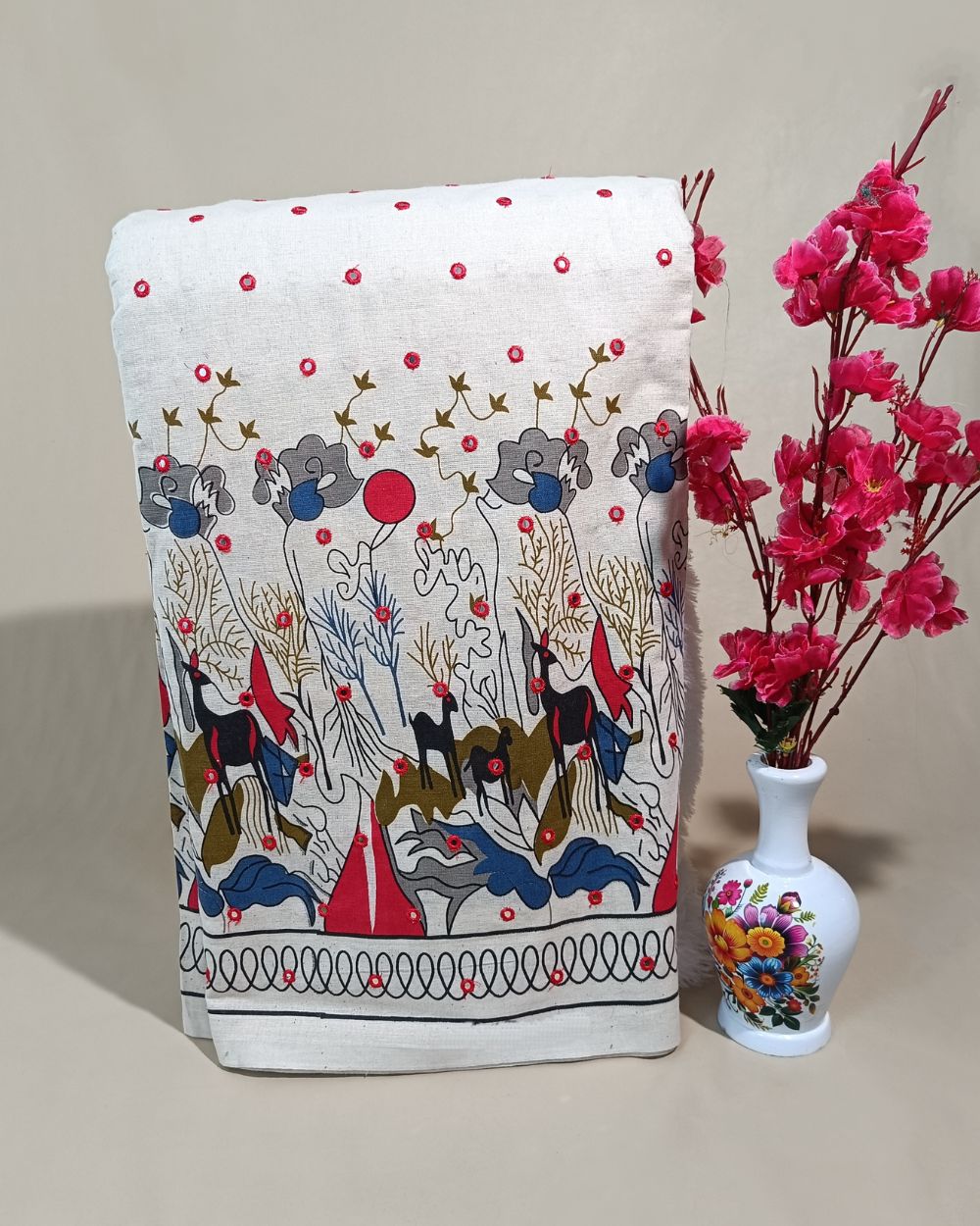 Khadi Cotton Abla Work with Border Multicolor 42 Inches Width