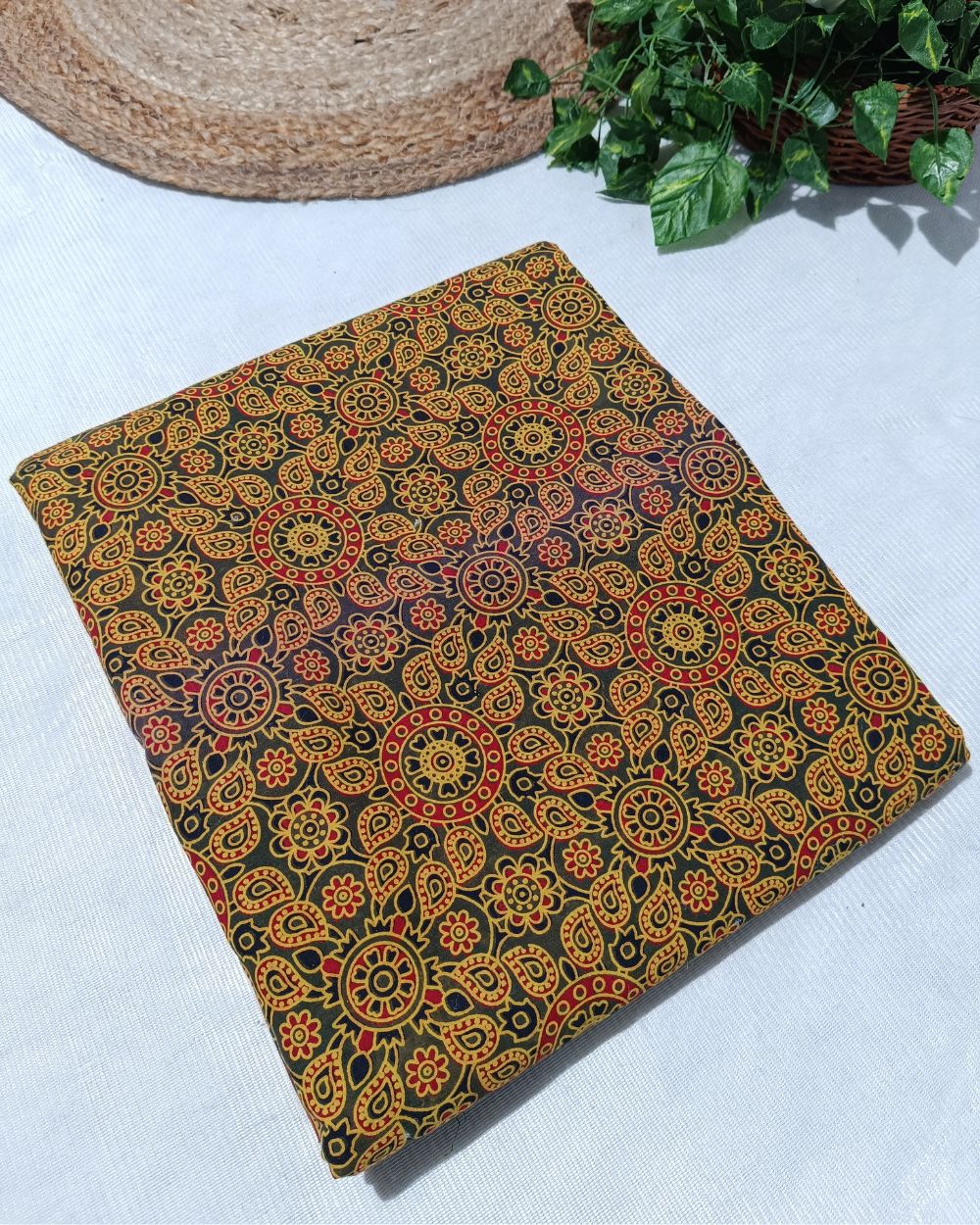 Ajrakh Cotton Natural Dye Block Printed Mehandi Green Colour 42 Inches Width