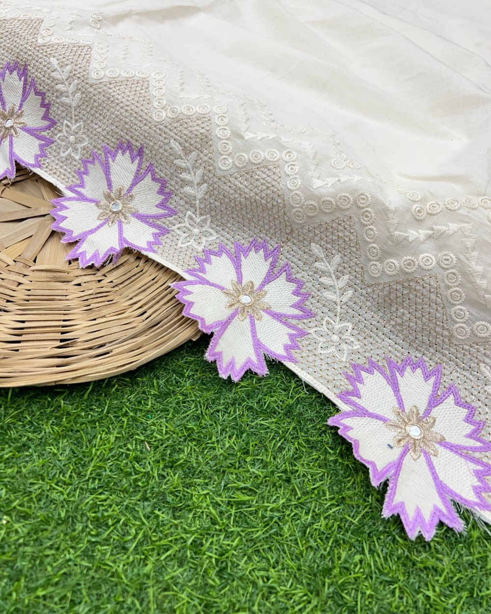 Kora Cotton with Cut Work Border Lavender Colour 42 Inches Width