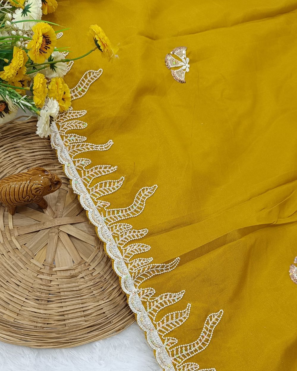 Art Silk with Cut Work Border Mustard Yellow Colour 38 Inches Width
