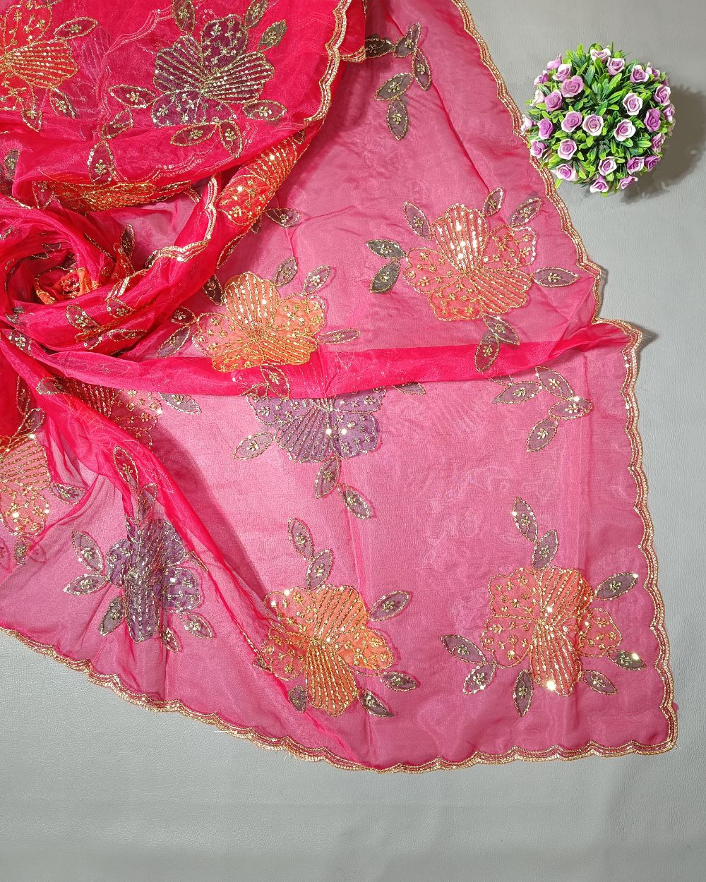 Premium Pure Soft Organza Work Dupatta Rani Pink Colour 39 Inches Width