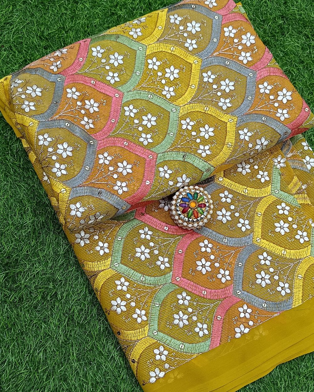 Georgette Work Mustard Yellow (Multicolor) 43 Inches Width