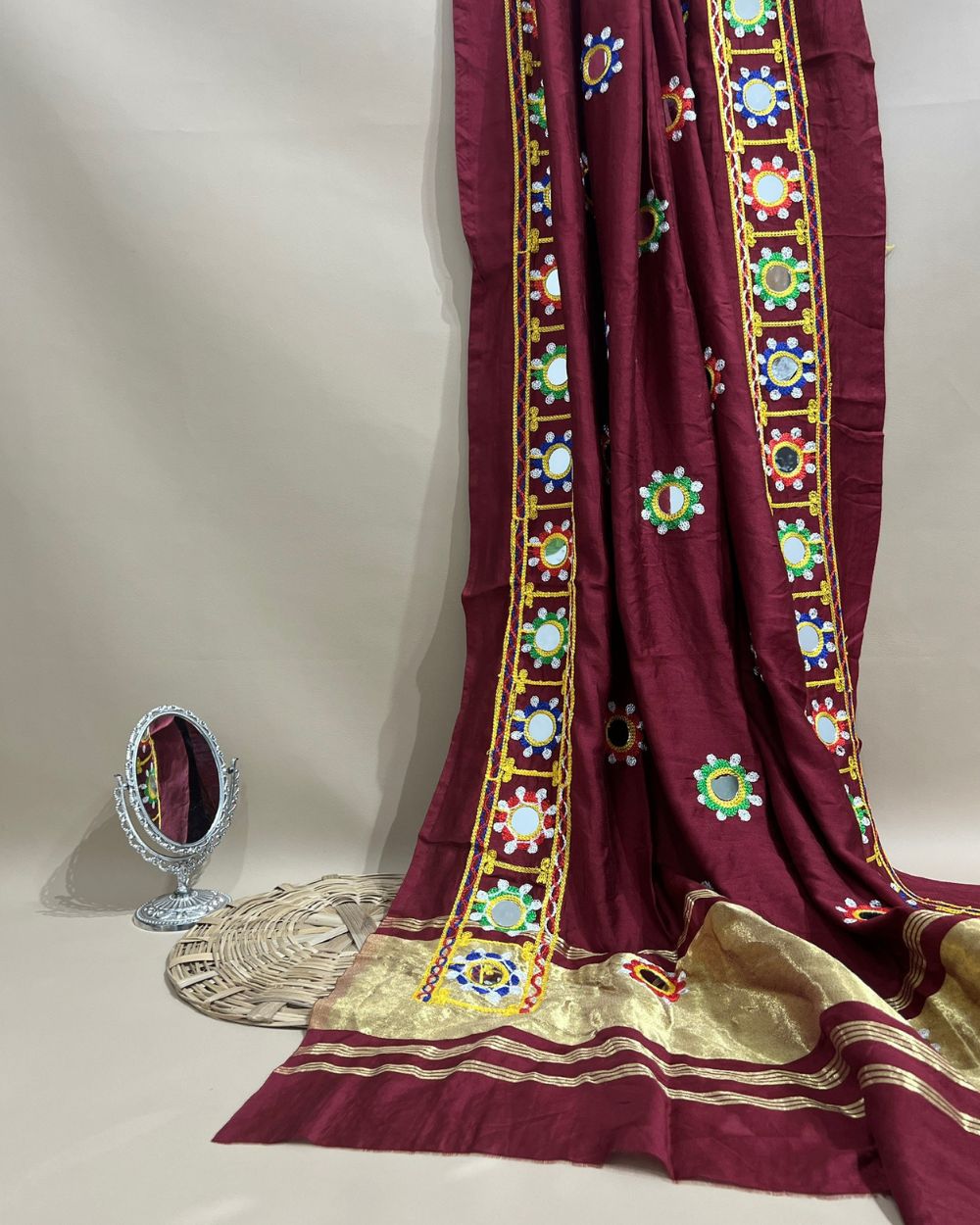 Abla Work Lagdi Patta Dupatta Art Silk Maroon Colour 42 Inches Width