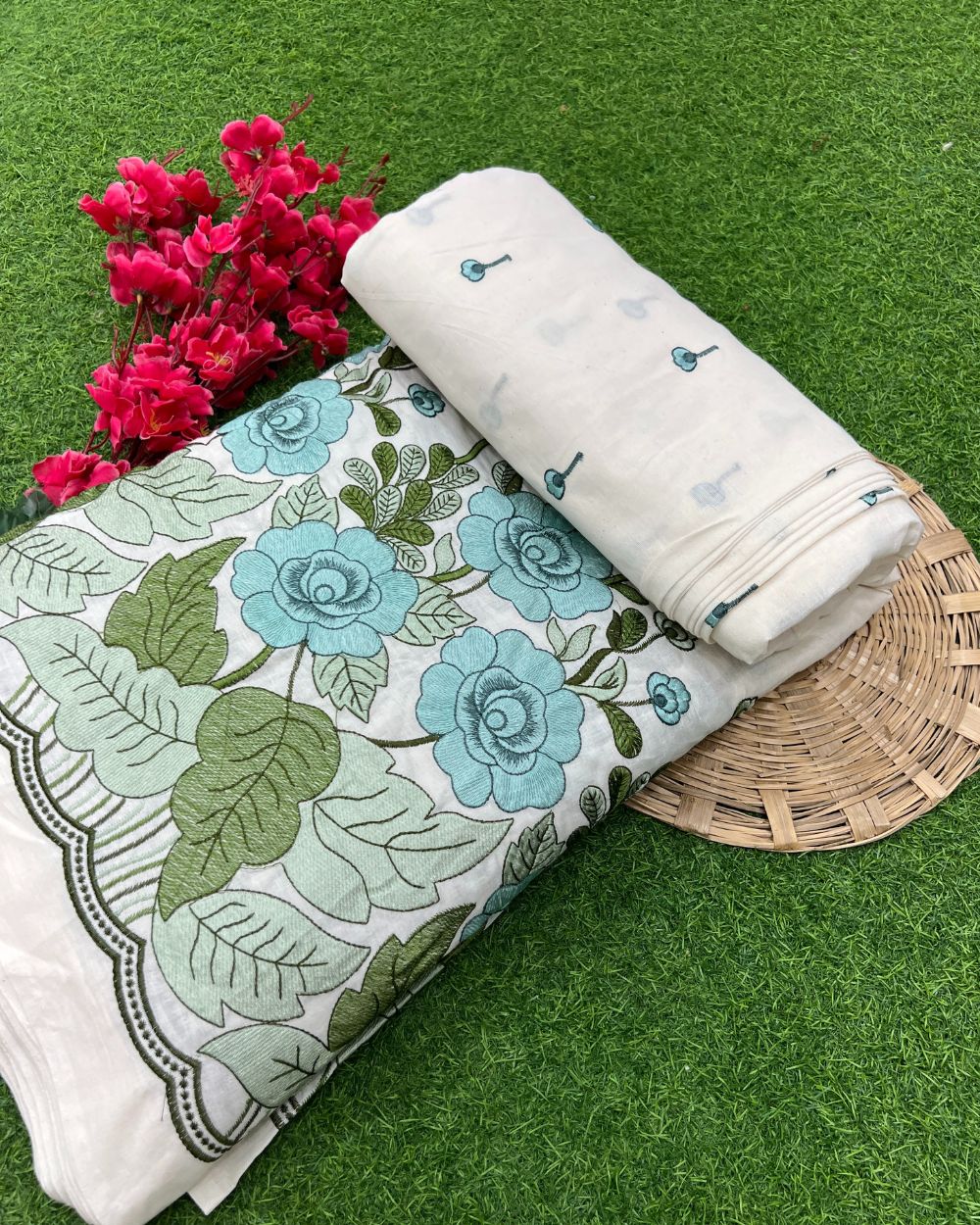 Kora Cotton Border Work Pastel Sky Blue Colour 45 Inches Width
