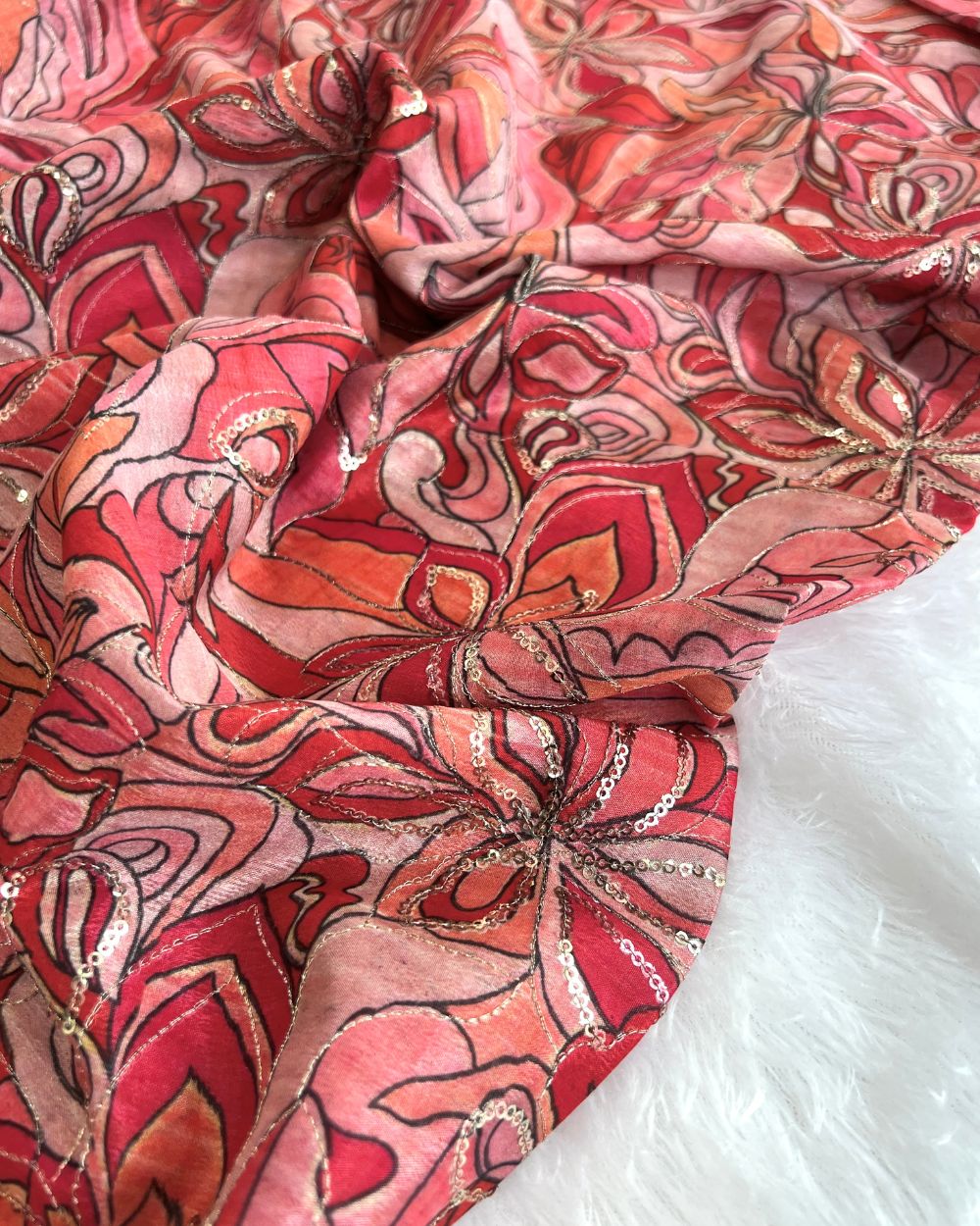 Chinnon Work Peach Red Colour 46 Inches Width