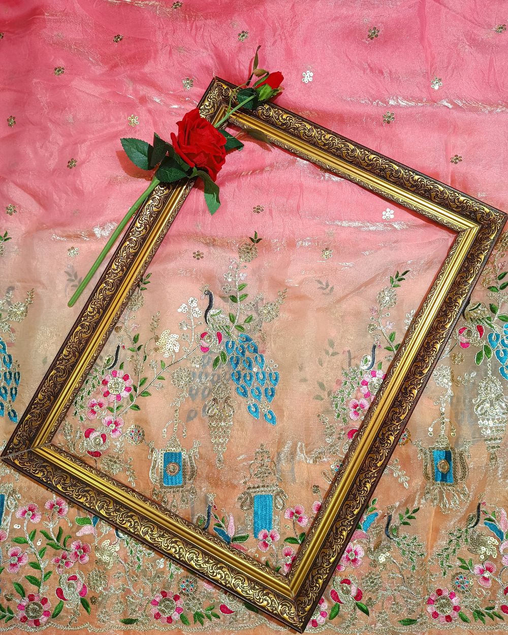 Shaded Space Silk with Border Work Peach Pink Colour 45 Inches Width