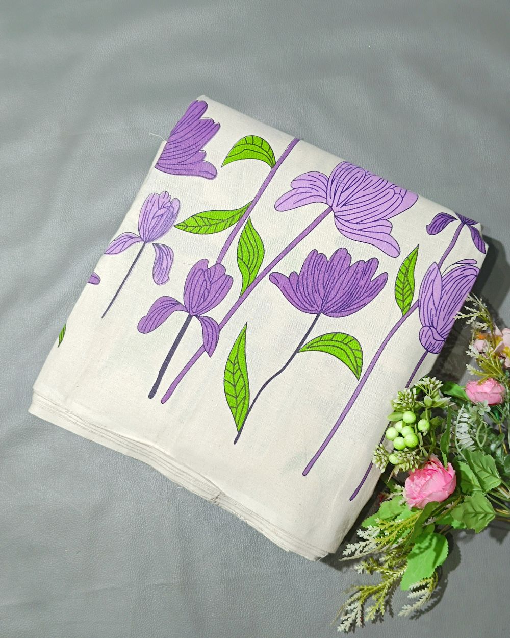 Printed Khadi Cotton with Border Lavender Colour 42 Inches Width