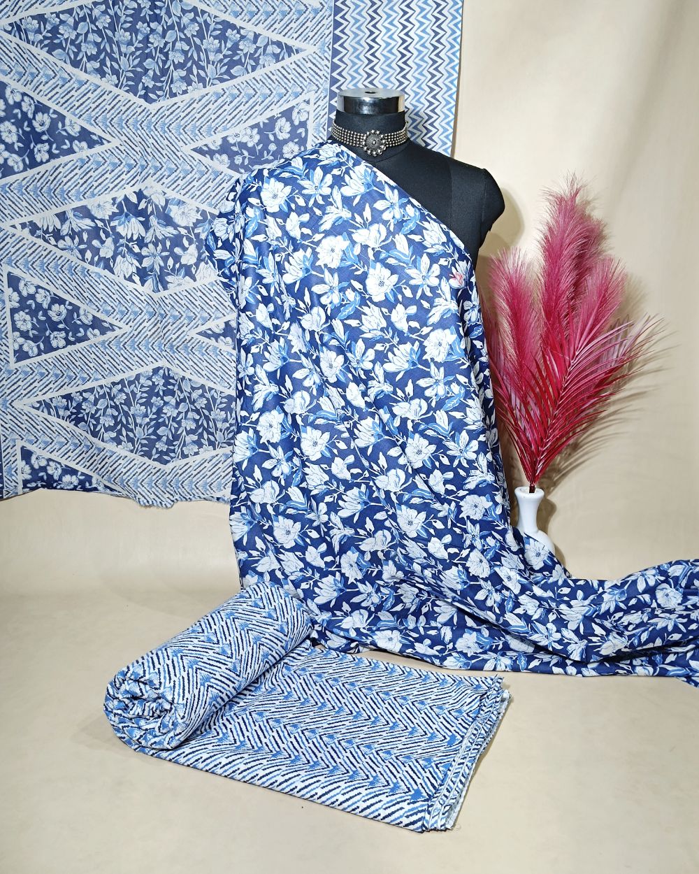 Printed Cotton Unstitched Top-Bottom Set with Dupatta Indigo Blue Colour 44 Inches Width