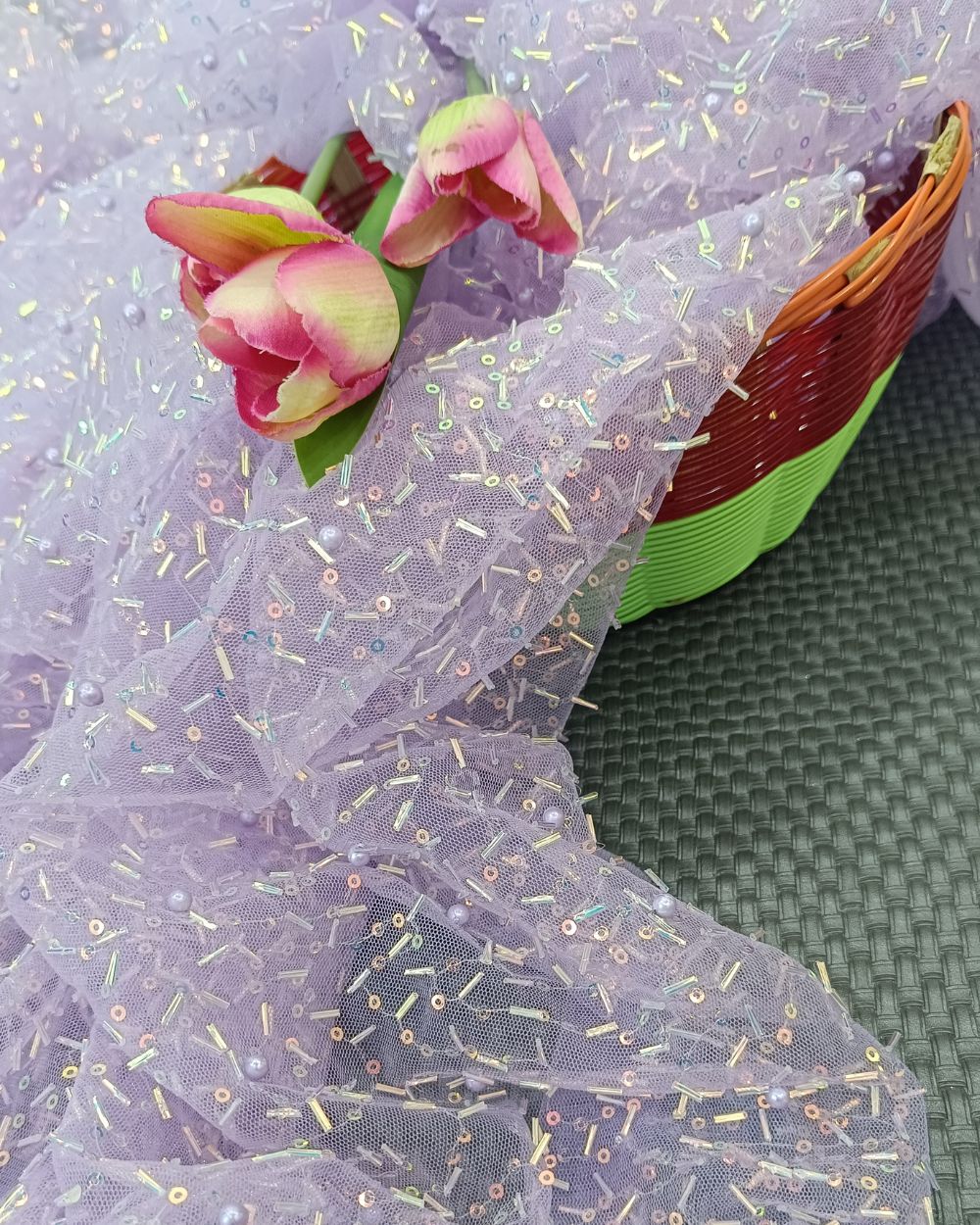 Imported Net Work Lavender Colour 47 Inches Width