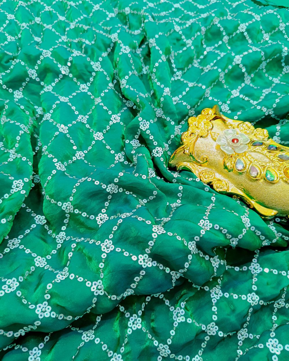 Space Silk Work Peacock Green Colour 42 Inches Width