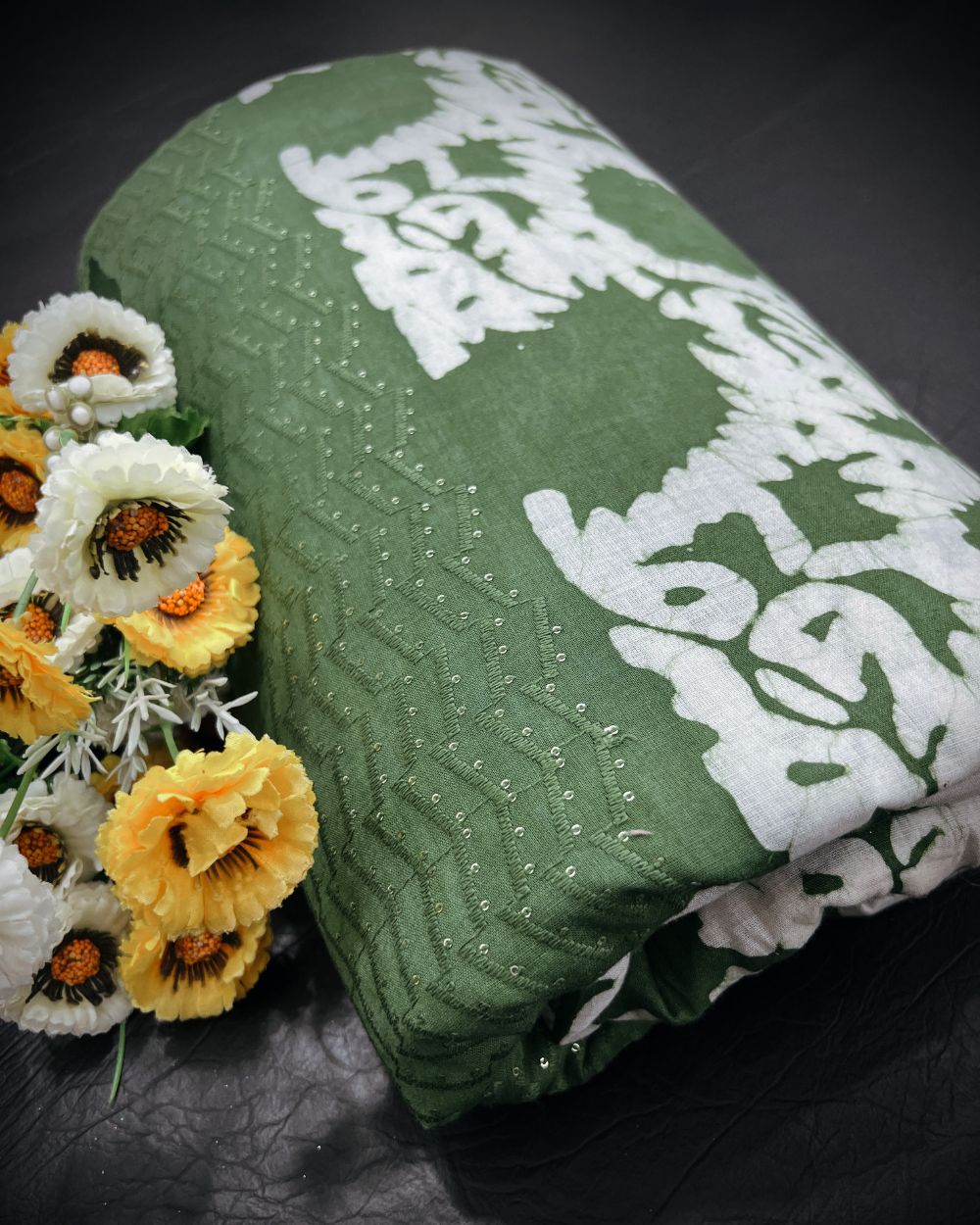 Cotton Border Work Leaf Green Colour 40 Inches Width