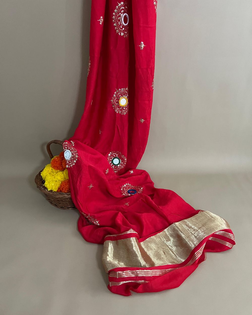 Abla Work Dupatta Cotton Silk Red Colour 41 Inches Width