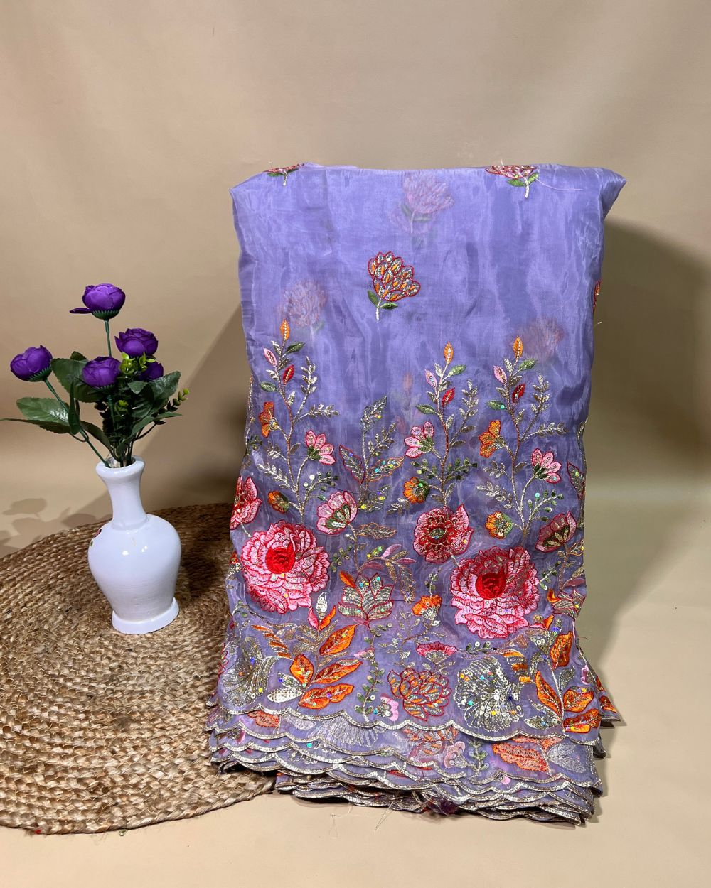 Premium Pure Soft Organza with Border Work Lavender Colour 42 Inches Width