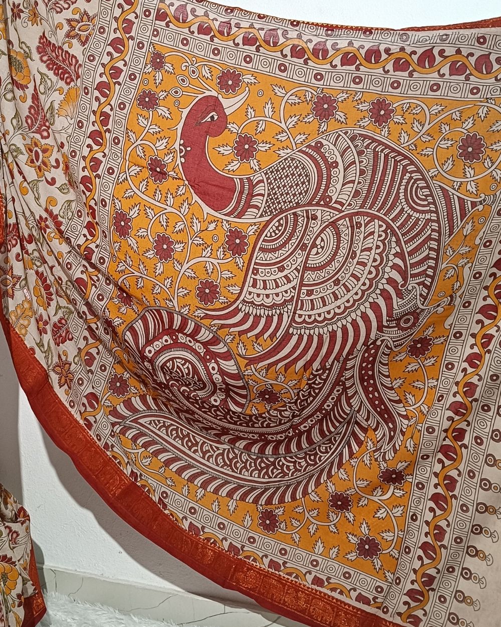 Hand Block Printed Cotton Kalamkari Saree with Blouse Piece Beige Colour 46 Inches Width