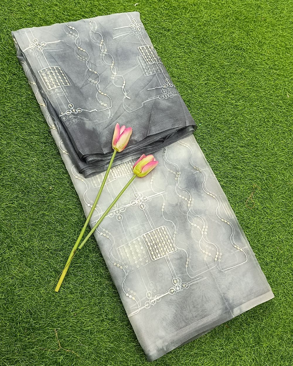 Organza Shibori Work Grey Colour 46 Inches Width