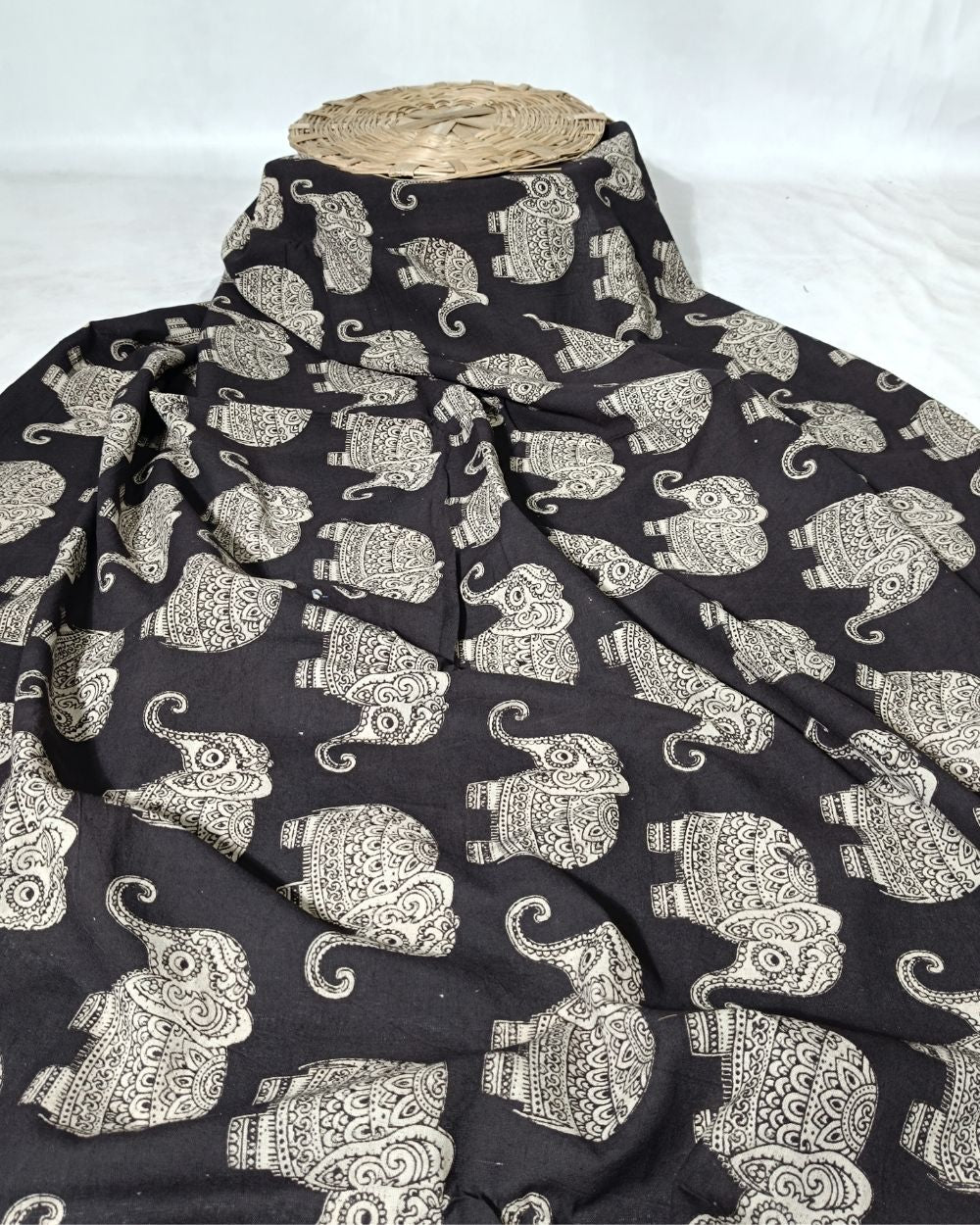 Hand Block Printed Cotton Kalamkari Black Colour 46 Inches Width