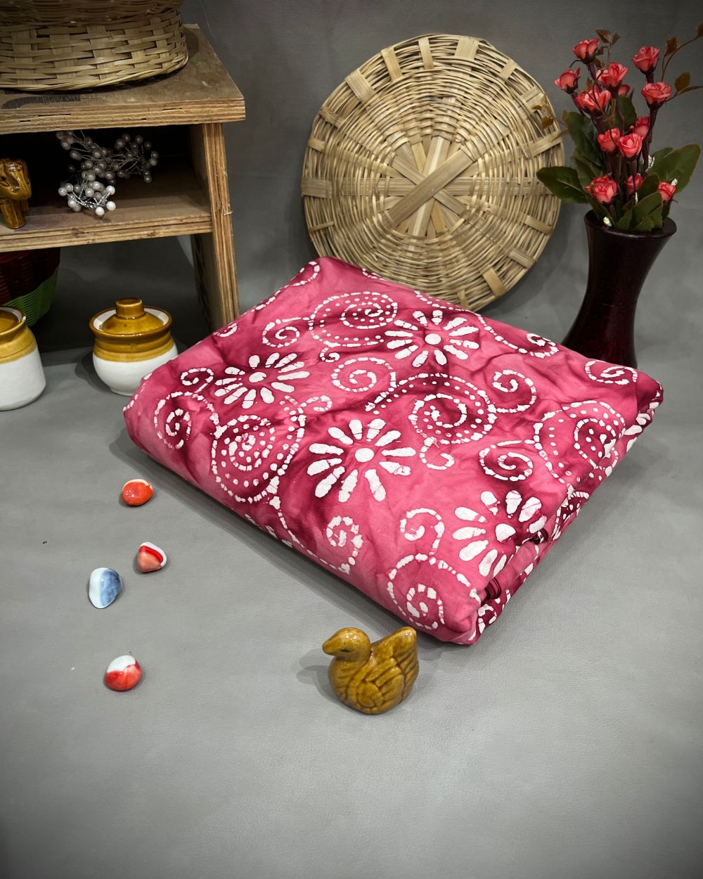 Cotton Hand Blocked Wax Batik Print Blush Pink Colour 44 Inches Width