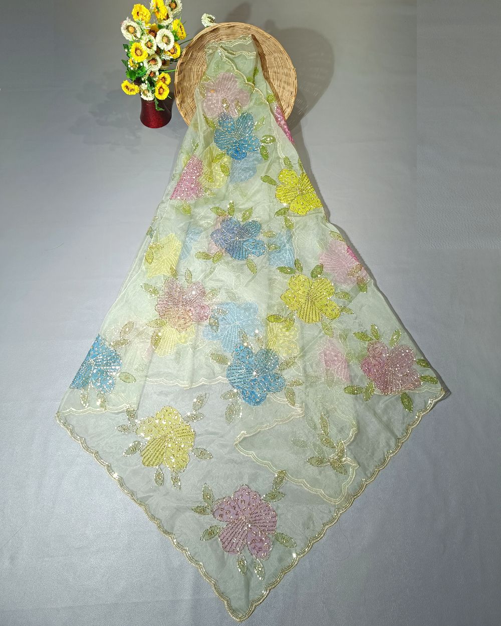 Premium Pure Soft Organza Work Dupatta Pastel Pista Colour 39 Inches Width