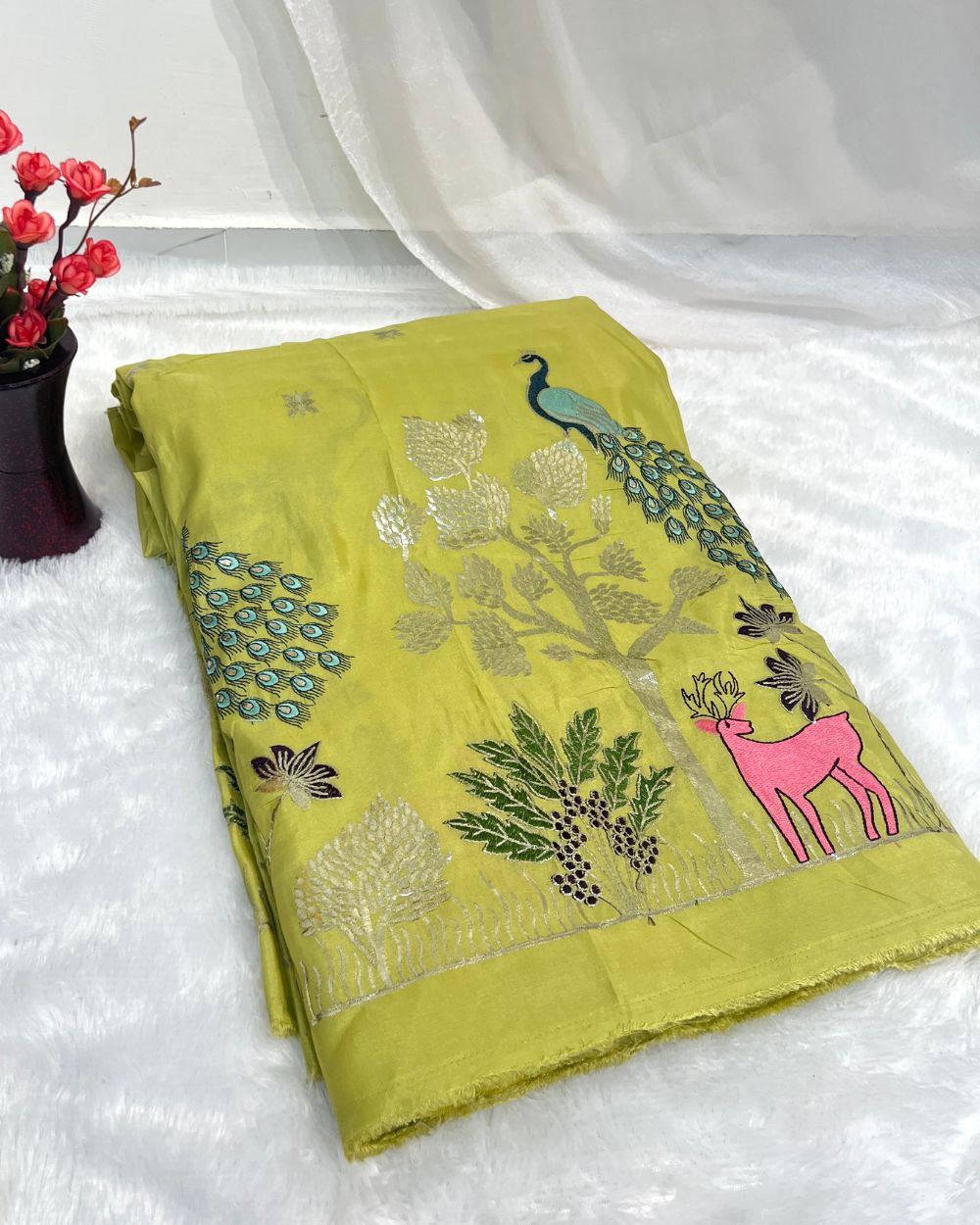 Cosmos Work Olive Green Colour 42 Inches Width