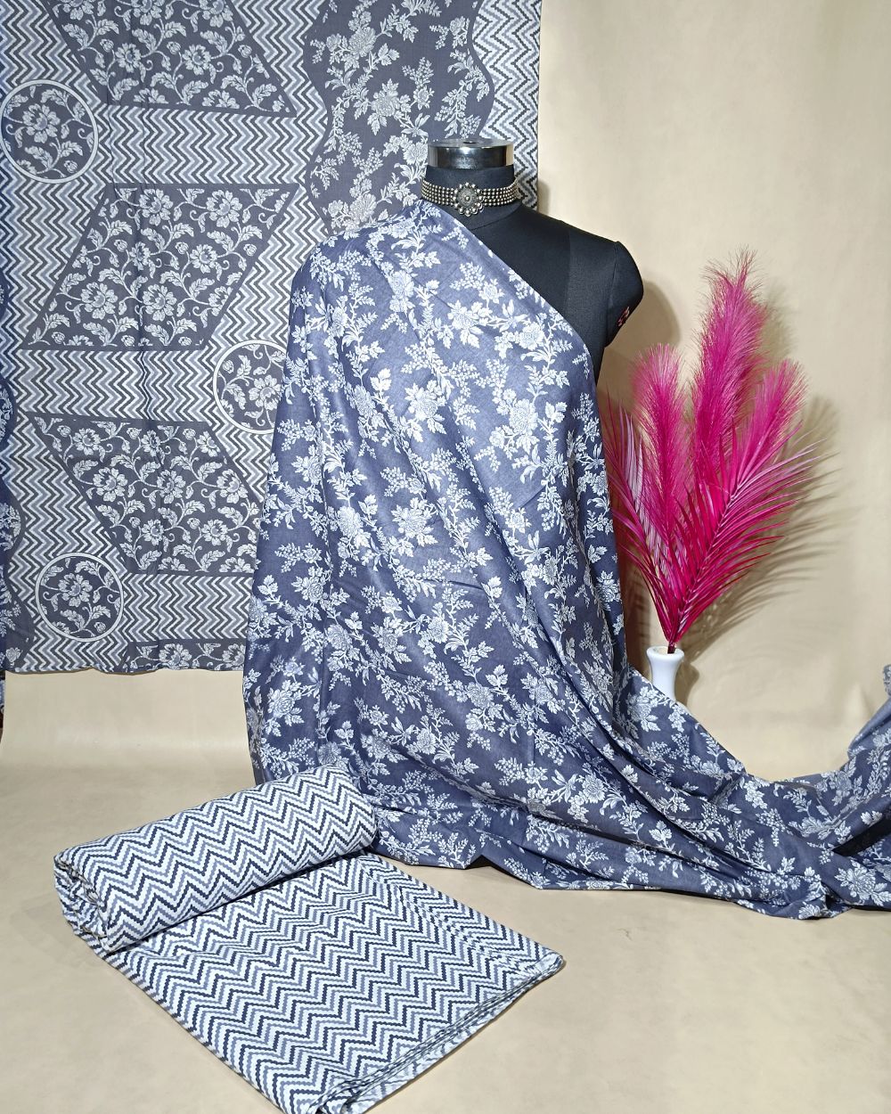 Printed Cotton Unstitched Top-Bottom Set with Dupatta Grey Colour 44 Inches Width