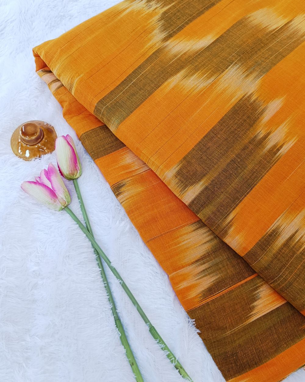 Woven Pure Cotton Ikat Orange Colour 42 Inches Width