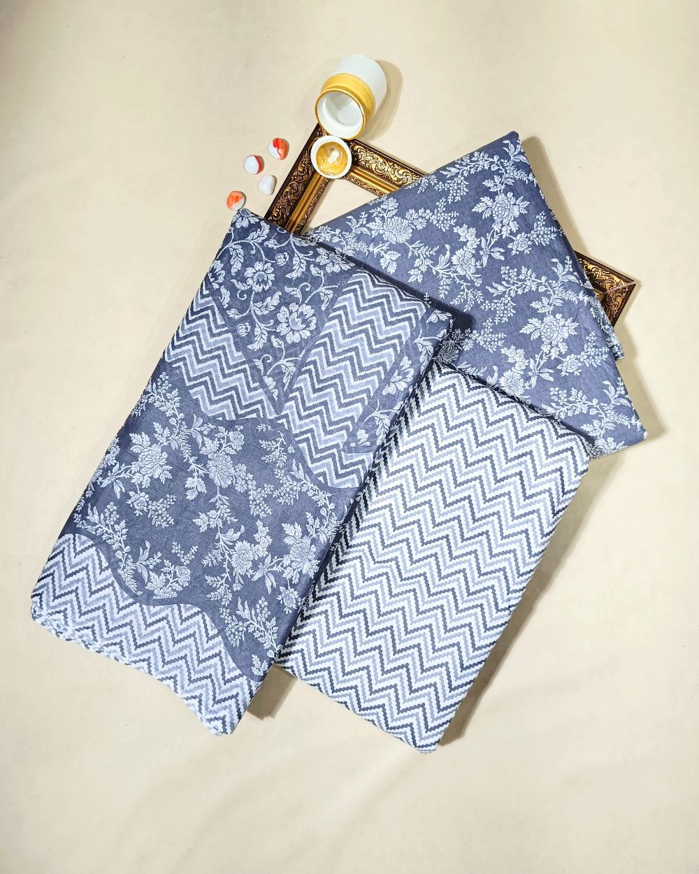 Printed Cotton Unstitched Top-Bottom Set with Dupatta Grey Colour 44 Inches Width