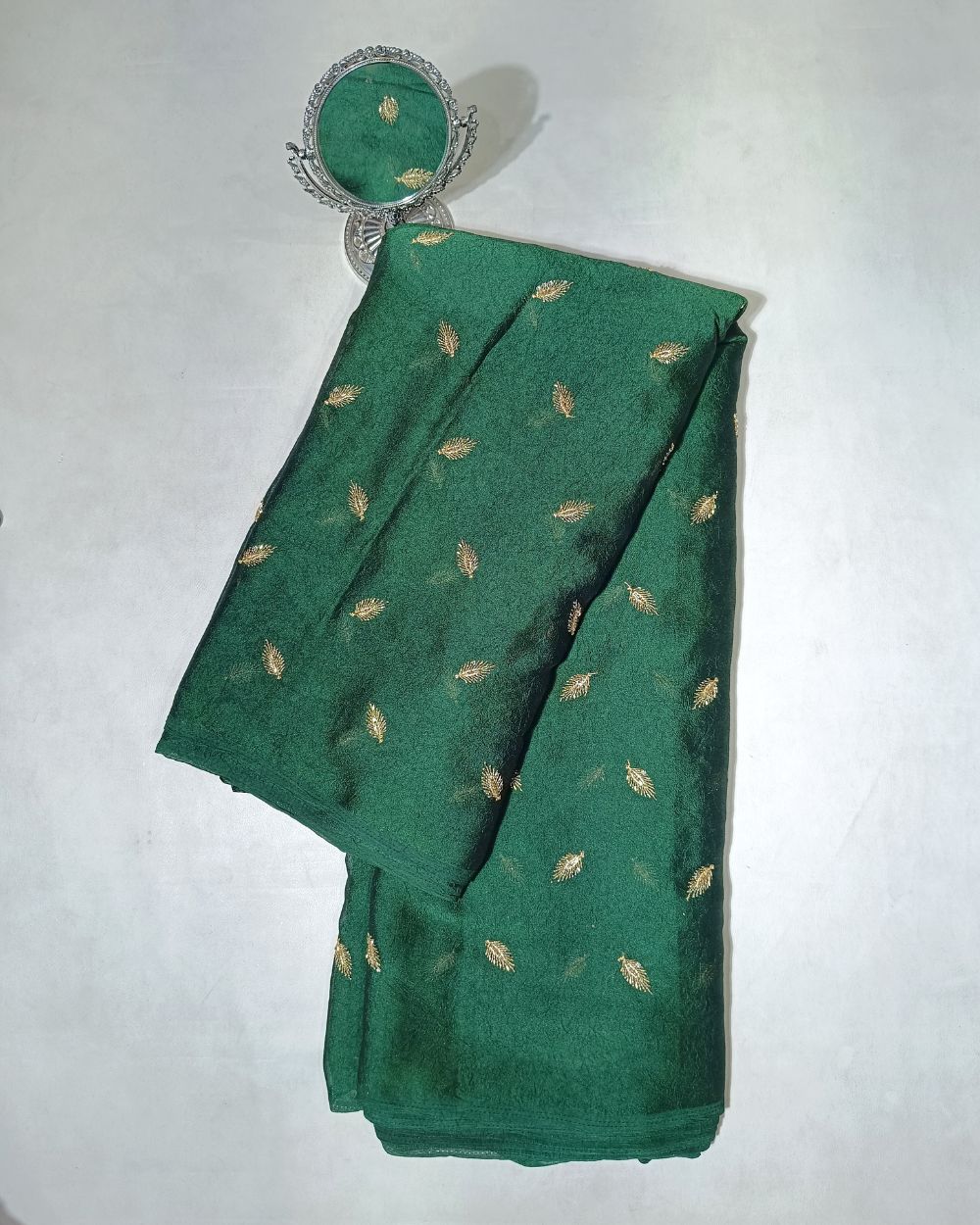 Rangoli Crush Silk Work Bottle Green Colour 44 Inches Width