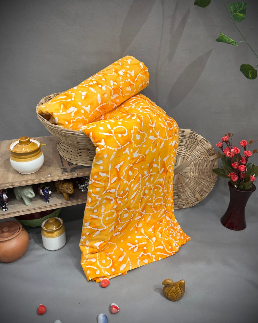 Cotton Hand Blocked Wax Batik Print Mango Yellow Colour 44 Inches Width