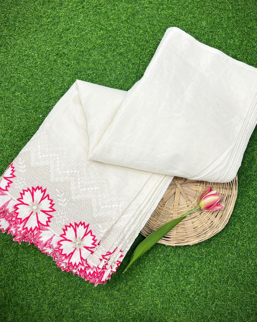 Kora Cotton with Cut Work Border Pink Colour 42 Inches Width