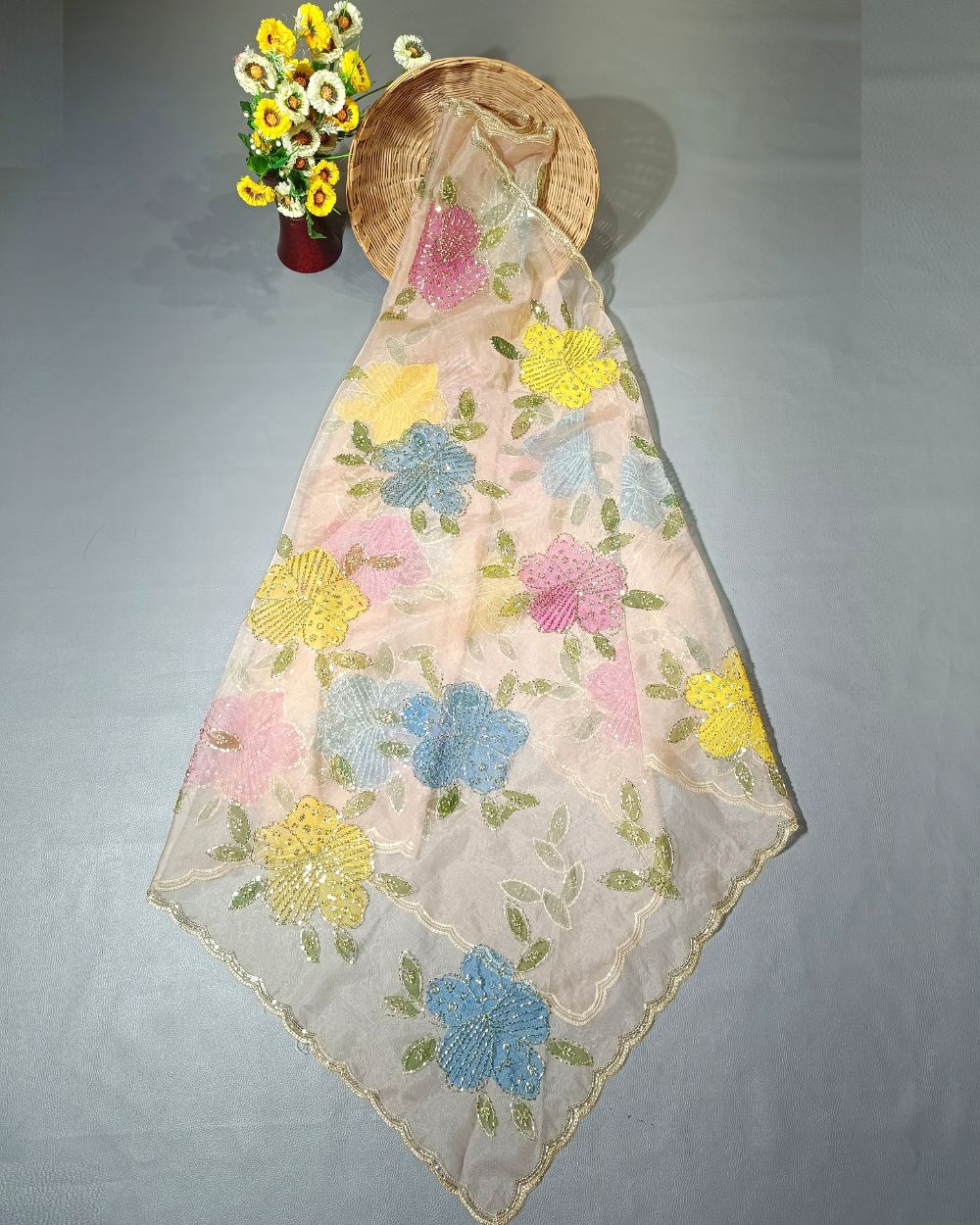 Premium Pure Soft Organza Work Dupatta Peach Pastel Colour 39 Inches Width