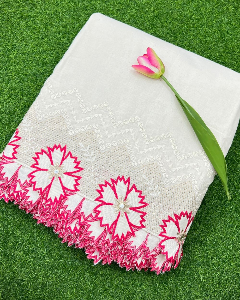 Kora Cotton with Cut Work Border Pink Colour 42 Inches Width
