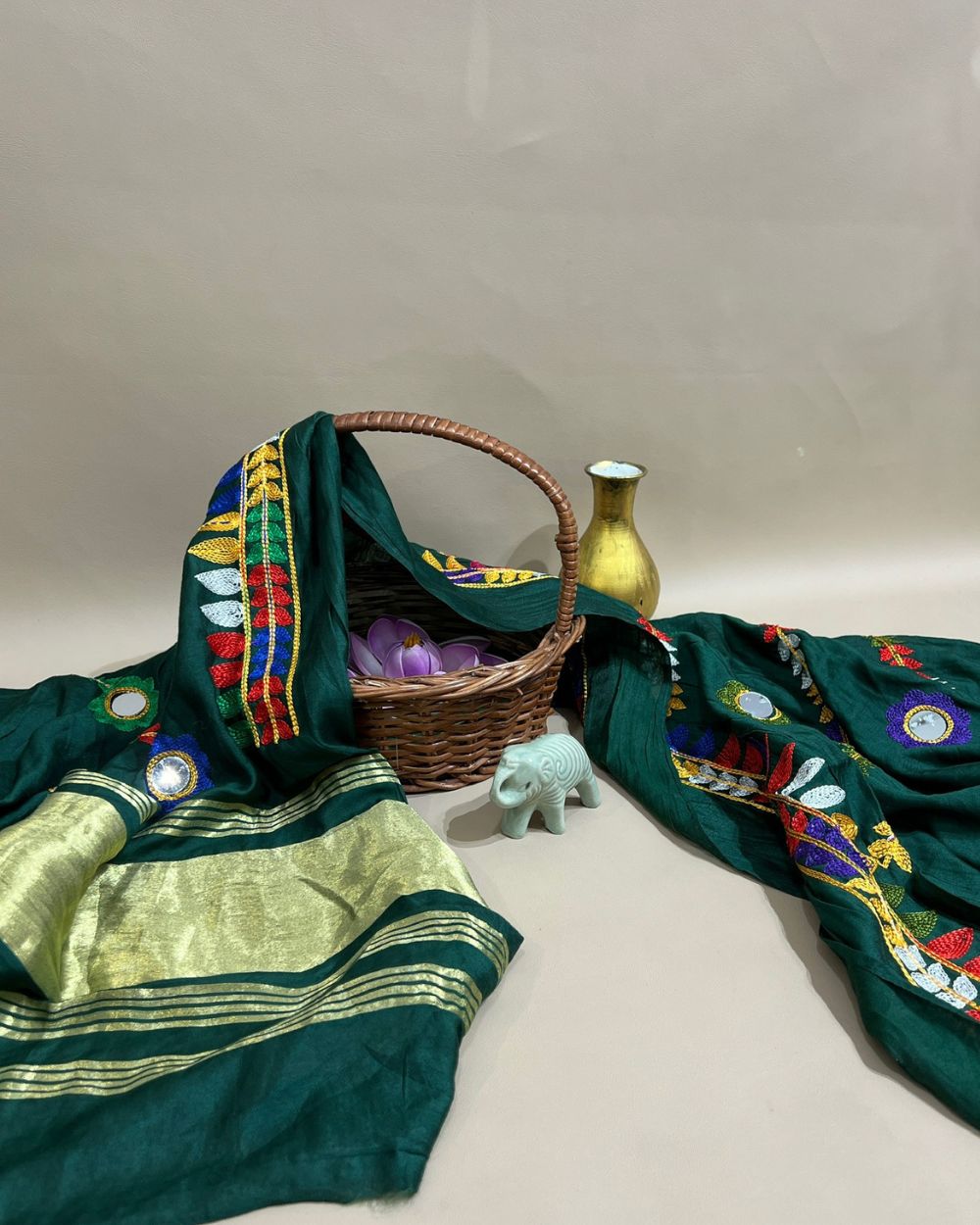 Abla Work Lagdi Patta Dupatta Art Silk Bottle Green Colour 40 Inches Width